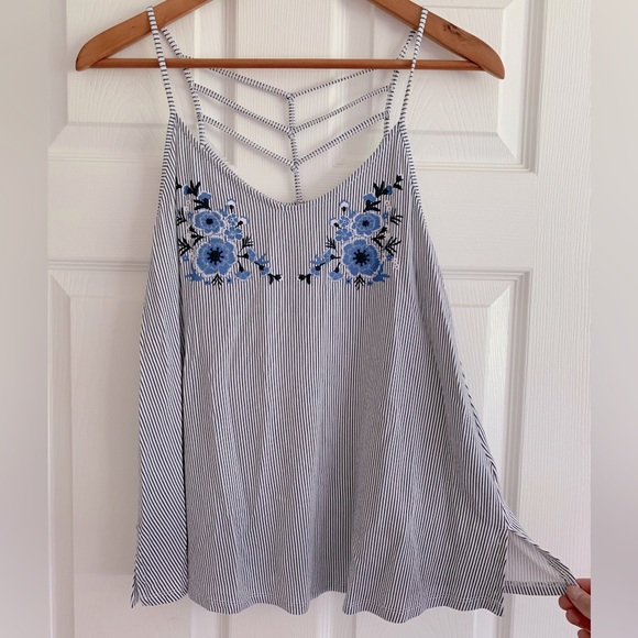 Ardene Blue & White Striped Floral, Ladder Back Tank - Picture 1 of 6